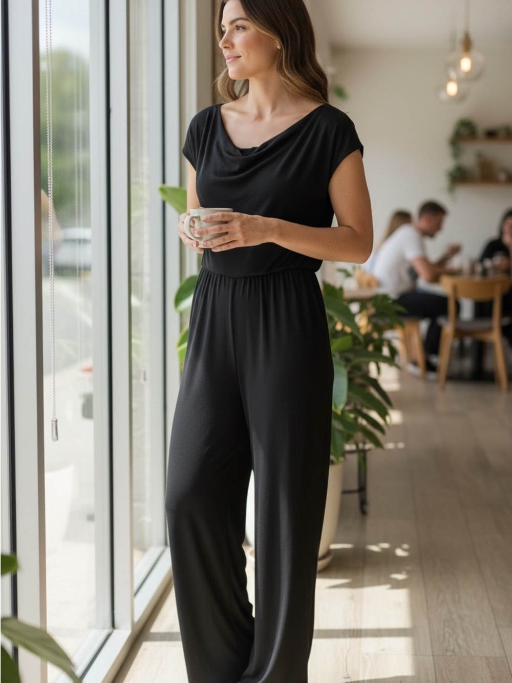 Newport News Black Cowl-Neck Wide-Leg Jumpsuit Sz 14P